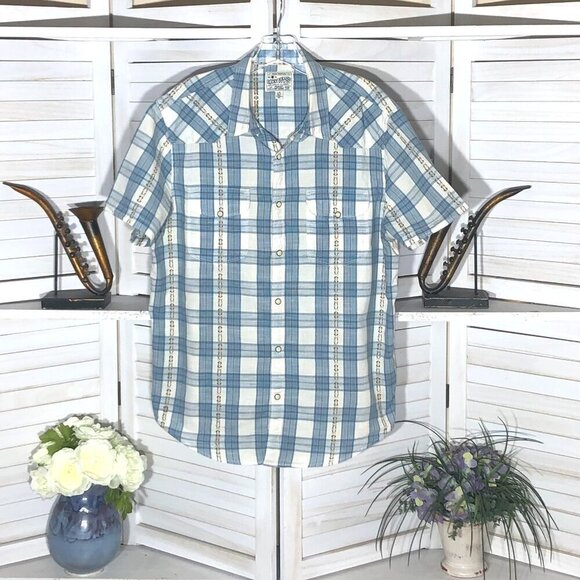 Lucky Brand Western Plaid Shirt Cream Blue Embroidered Large - Picture 1 of 11